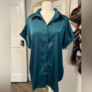 Elegant Teal Satin Button-Down Shirt